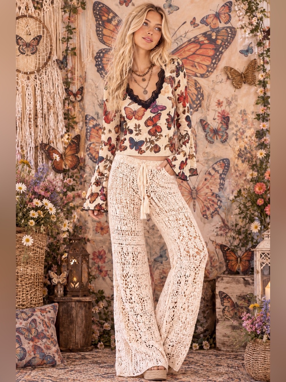 Butterfly mesh Print V-Neck Long Sleeve Top - Cream/Multicolor